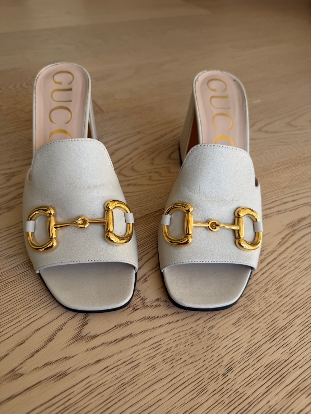 Gucci Cream Leather Open-Toe Horsebit Mules with Gold Hardware